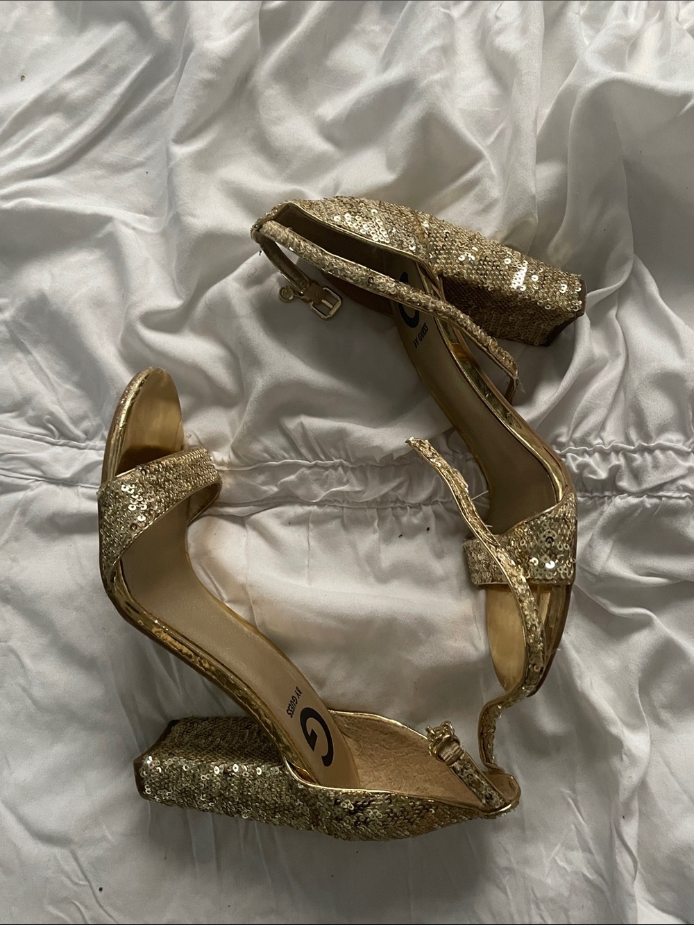 GUESS Gold Sequin Block Heel Sandals with Ankle Strap